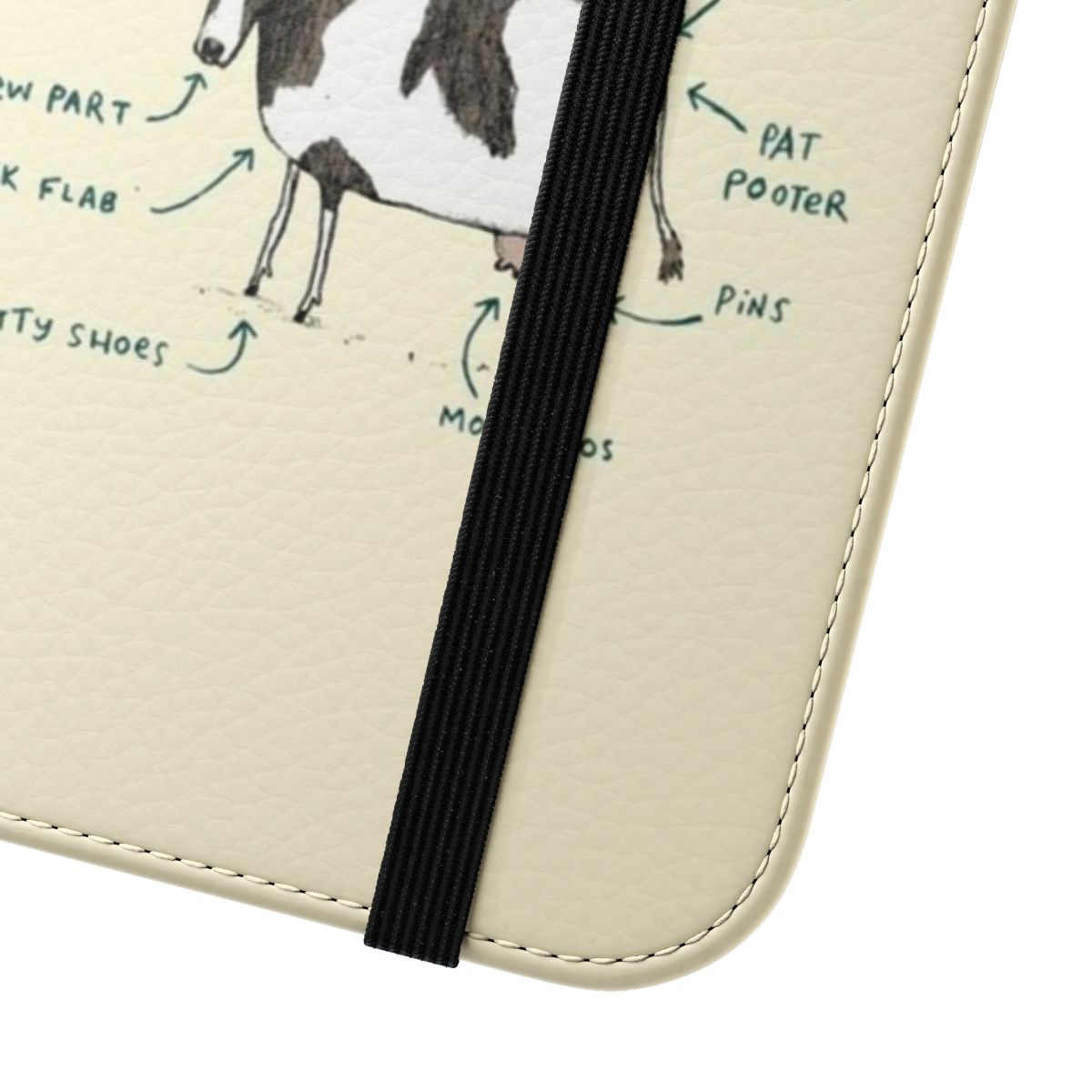 Whimsical flip phone case featuring a detailed cow illustration - Close Up