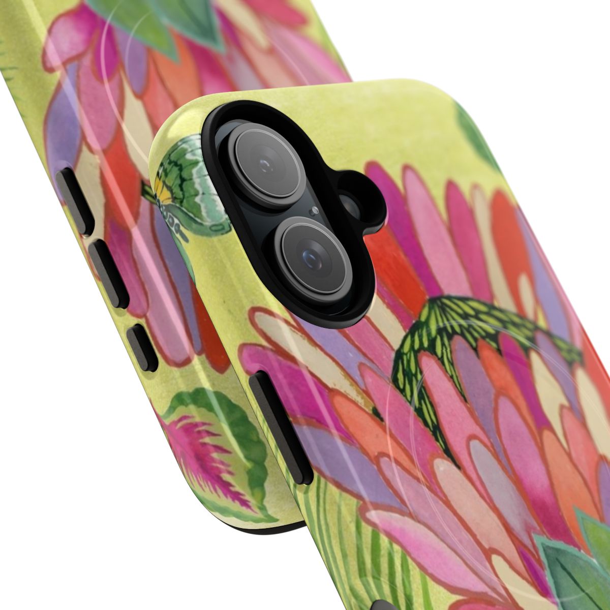 Closeup of a vibrant protea flower surrounded by tropical leaves and butterflies on a phone case - Detail