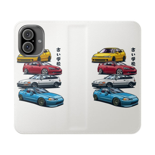 Flip phone case with retro design featuring Japanese legend cars like Civic, CRX, and Integra