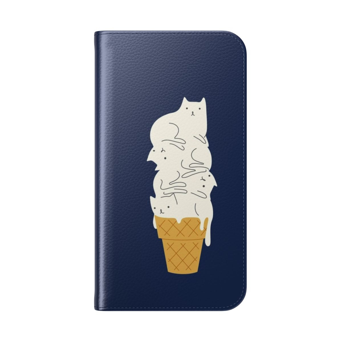 A blue phone case with a cute cat licking an ice cream cone design. - Folded Back