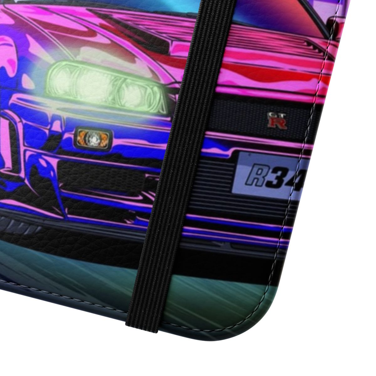 Vaporwave-inspired phone case featuring a Nissan Skyline GT-R R34 in a neon, cyberpunk-style design. - Close Up