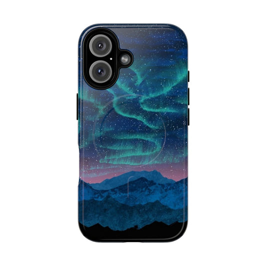 Aurora borealis night sky over snowy mountains, featuring a scenic landscape phone case design.