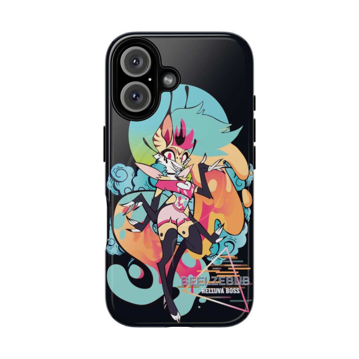 Retro-styled phone case featuring the character Beelzebub from the Helluva Boss animated series.