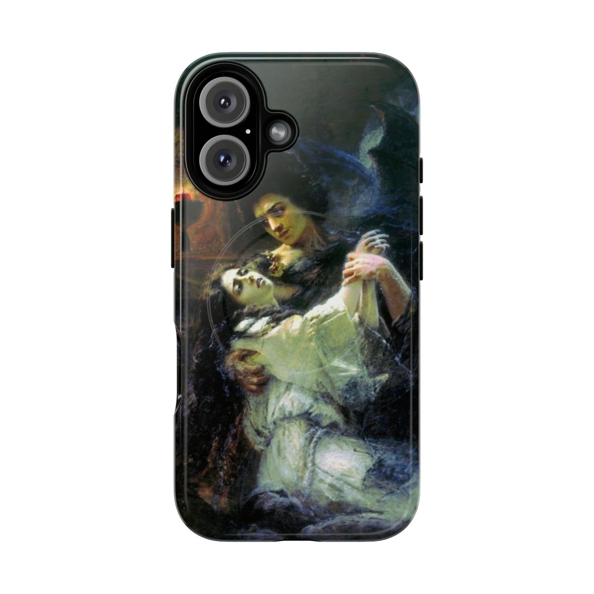 A phone case featuring Konstantin Makovsky's painting "Tamara and the Demon," inspired by the Russian Romantic poem.