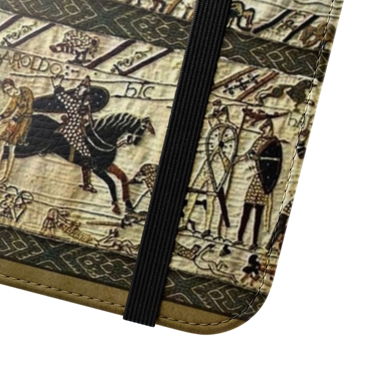 Flip cover phone case featuring a medieval-inspired design inspired by the Bayeux Tapestry - Close Up