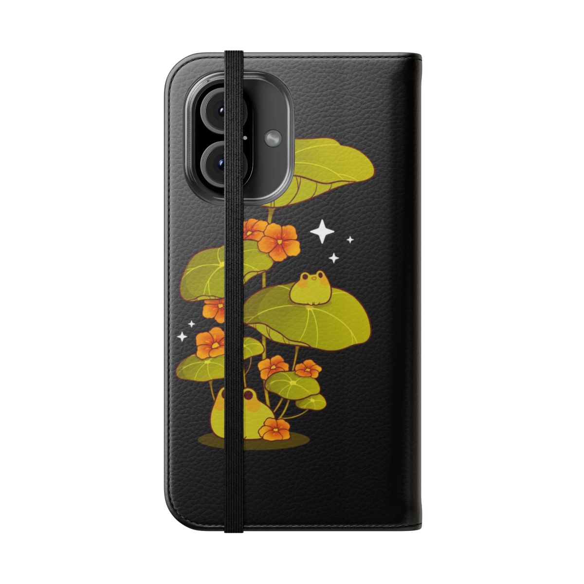 Flip cover phone case featuring a cute, chibi-style frog sitting on watercress plants - Folded Front