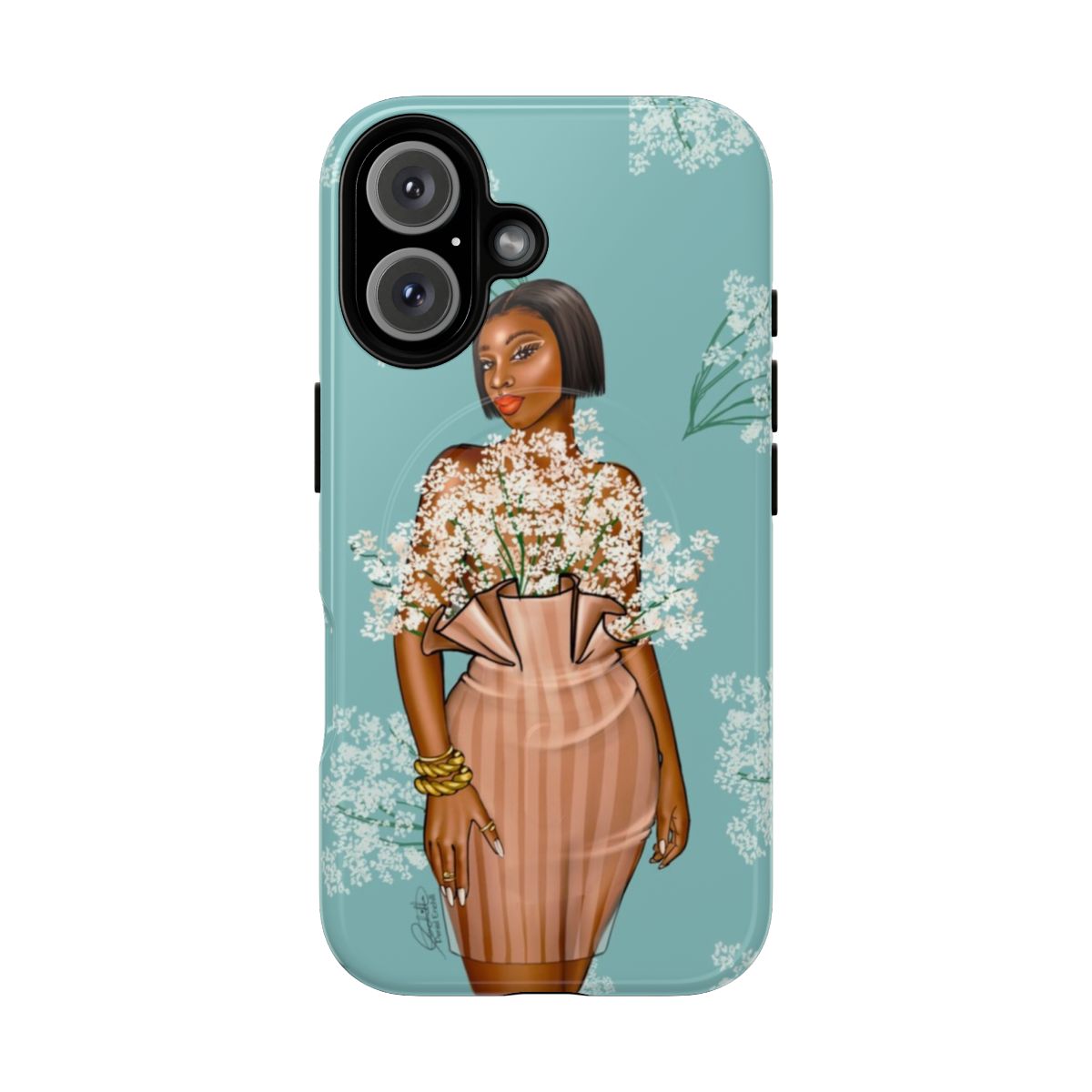 Floral magnetic tough phone case with black art and African American fashion illustration design