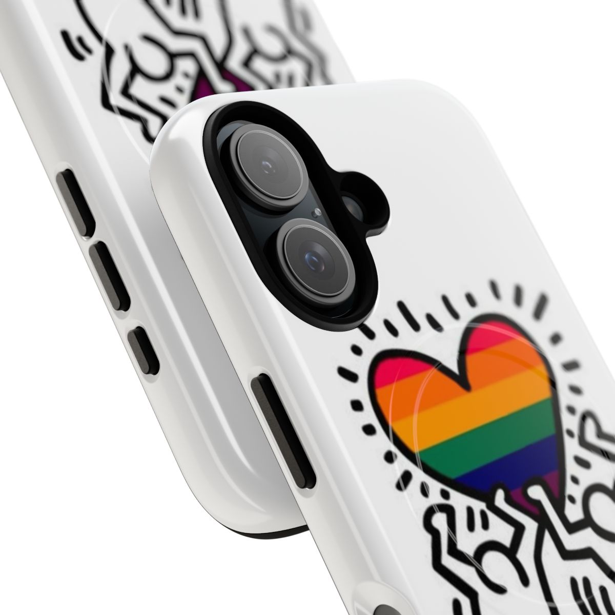 Colorful phone case with abstract Haring-style artwork, showcasing LGBTQ+ pride. - Detail