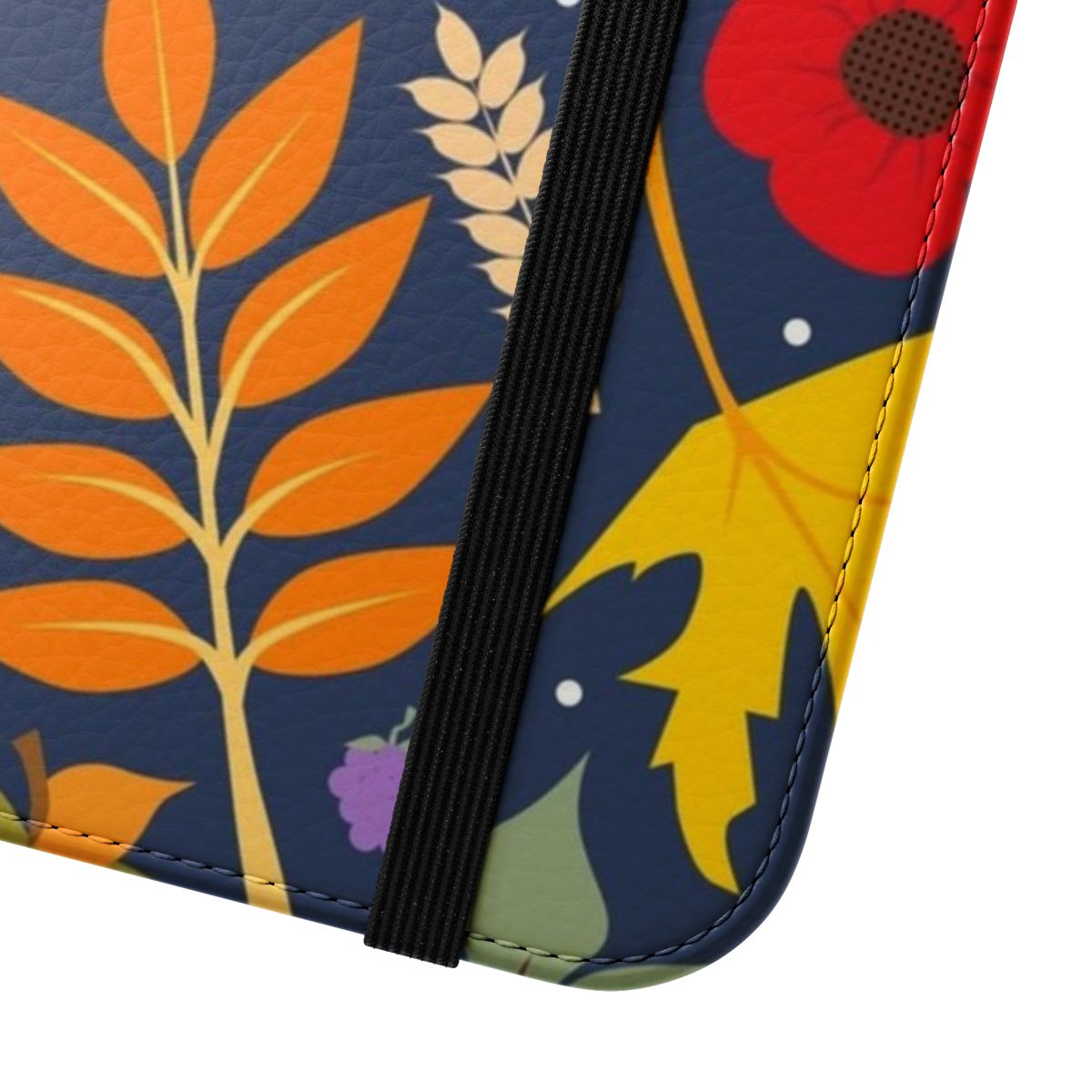 Autumn leaves, flowers, and fruit design on a flip cover phone case - Close Up