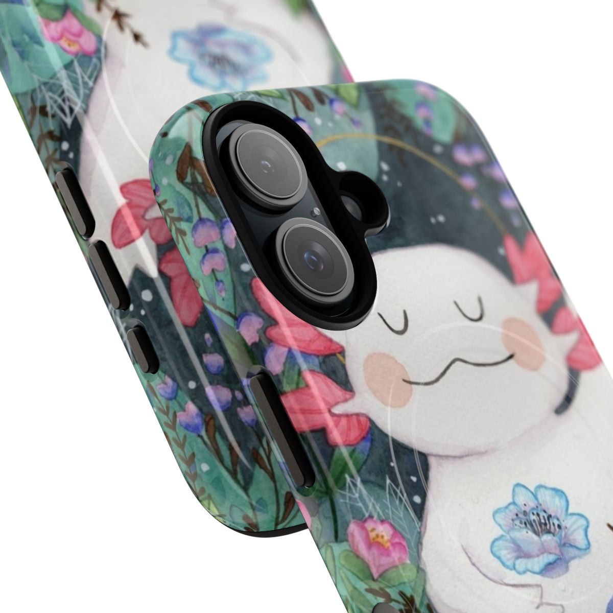 A watercolor floral phone case featuring a cute axolotl design against a nature-inspired background. - Detail