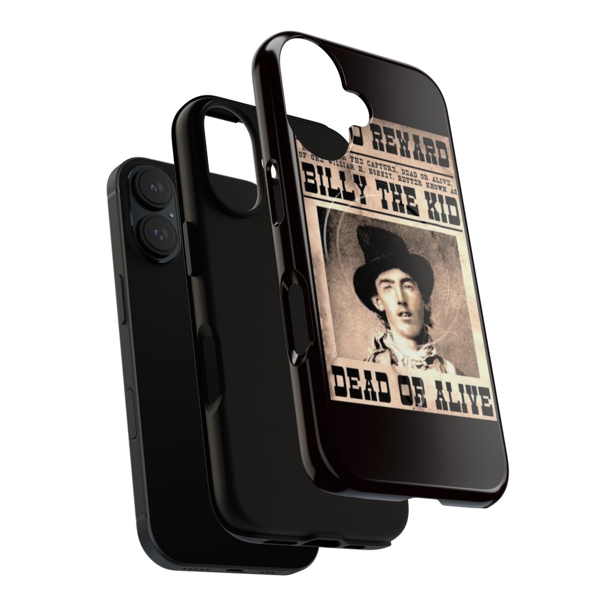 Vintage-style phone case featuring a 'Wanted' poster for outlaw William H. Bonney, also known as Billy the Kid. - Layers