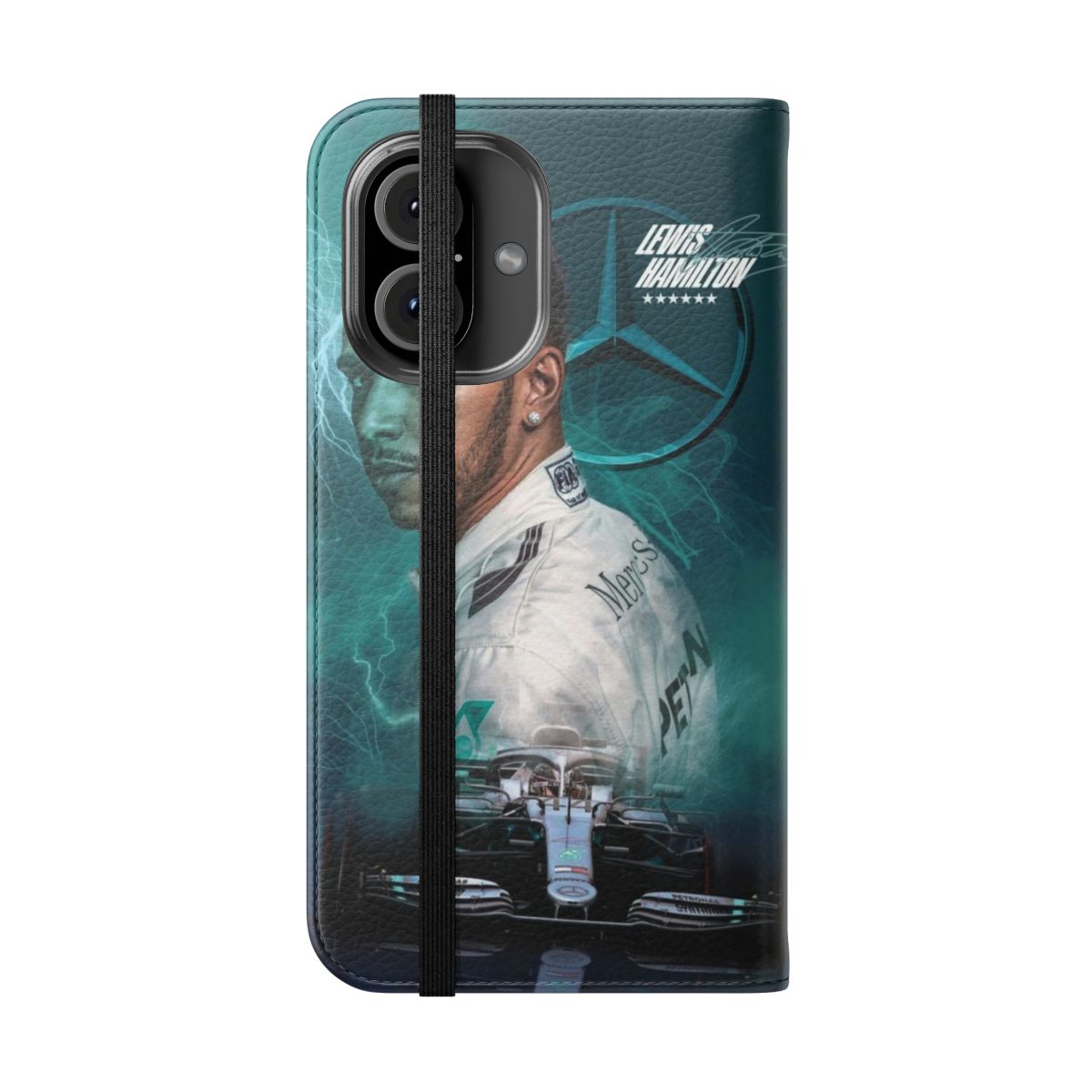 Stylish phone case featuring a Formula 1 racing design inspired by champion driver Lewis Hamilton - Folded Front