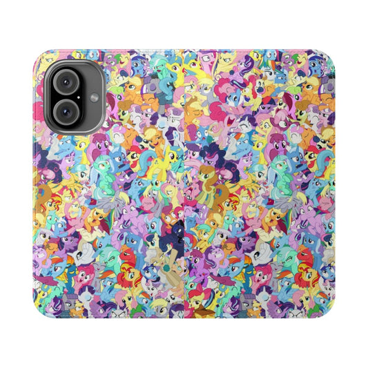 Flip cover phone case featuring a colorful, whimsical pony design.