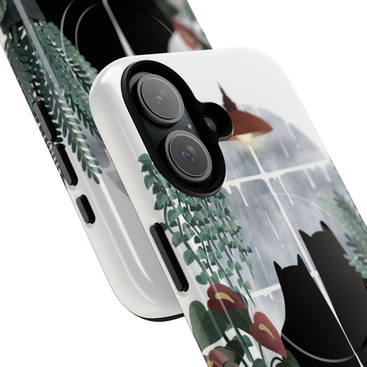 Rainy Day Cats Magnetic Tough Phone Case featuring a whimsical design with cats, plants, and nature motifs. - Detail