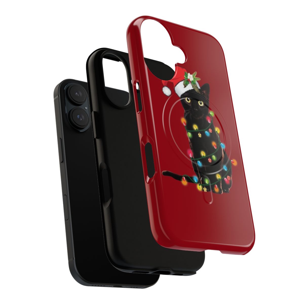 A black cat tangled up in Christmas tree lights on a magnetic, tough phone case. - Layers