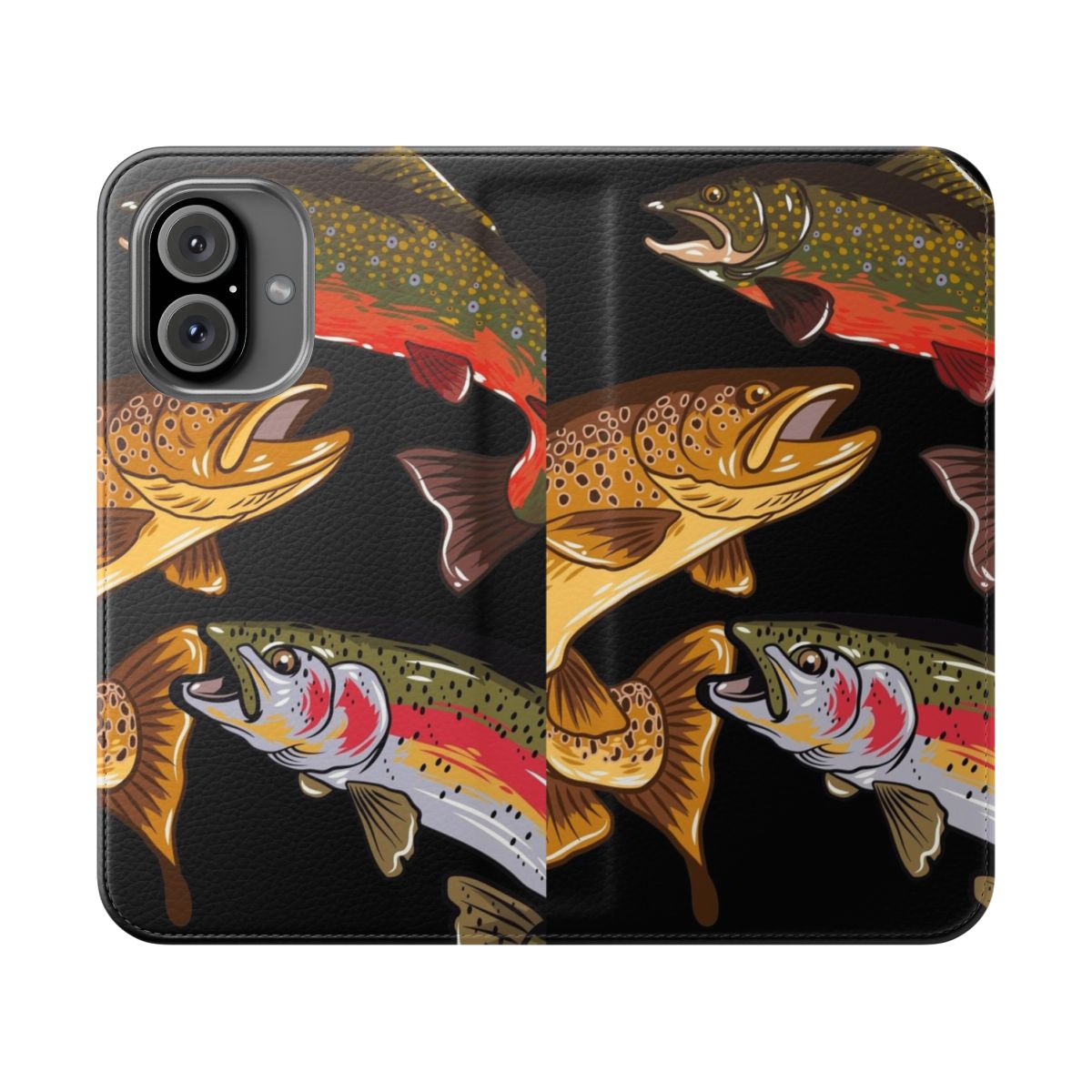 Vibrant flip cover phone case with a detailed trout illustration for fly fishing and trout fishing enthusiasts.