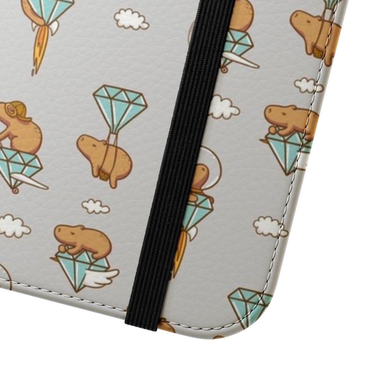 Colorful flip phone case design featuring a cute capybara flying through a sky filled with clouds. - Close Up