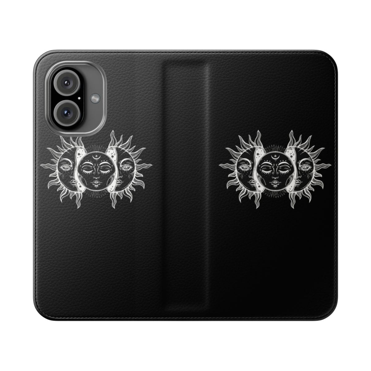 Vintage sun and moon solar eclipse design on a black and white flip phone case.