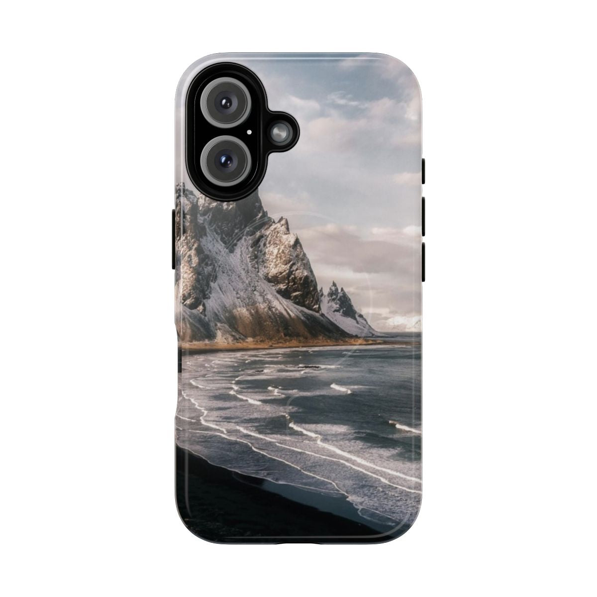 Magnetic tough phone case with a breathtaking landscape photography image of the Stokksnes beach in Iceland, featuring mountains, sunset, and waves.