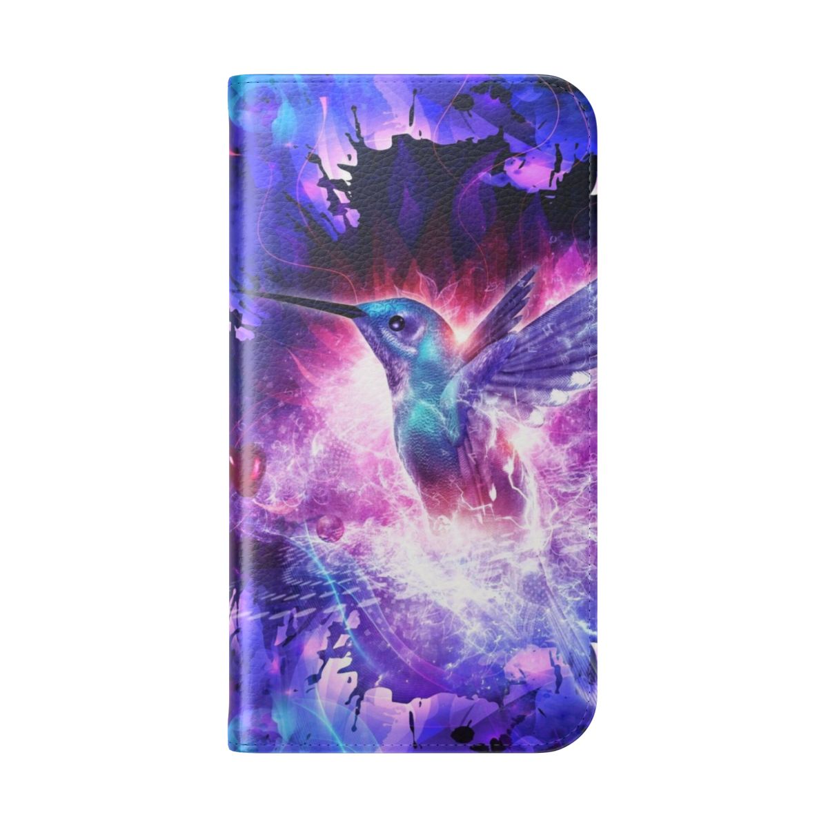 Colorful abstract phone case featuring a vibrant hummingbird design in a cosmic, nature-inspired style. - Folded Back