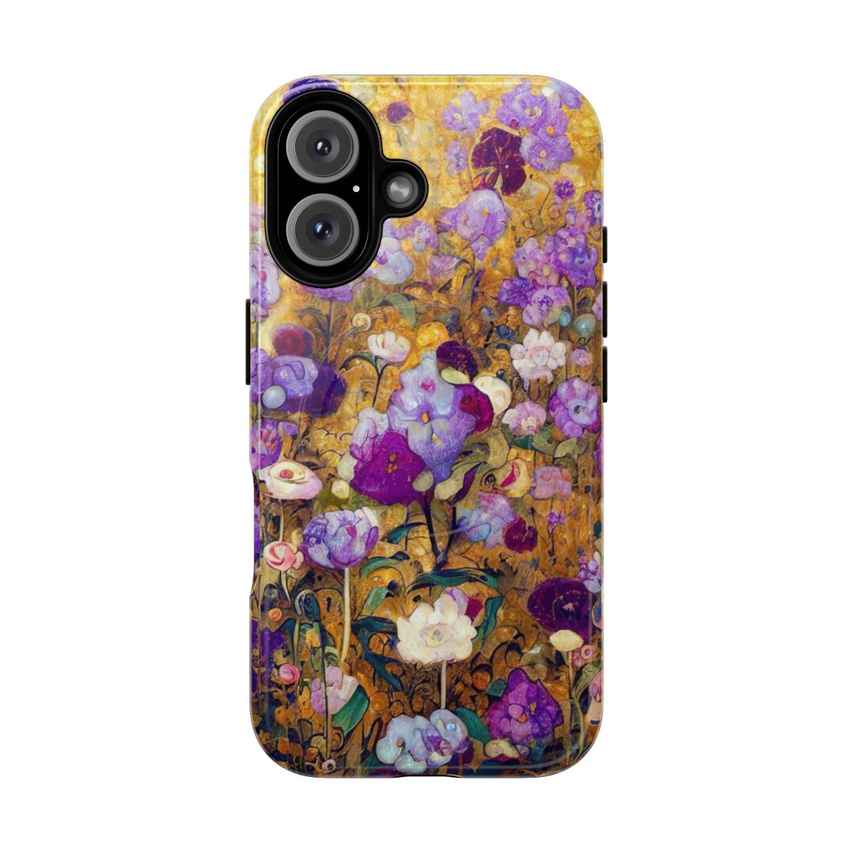 Vibrant purple and gold floral phone case inspired by the artwork of Gustav Klimt