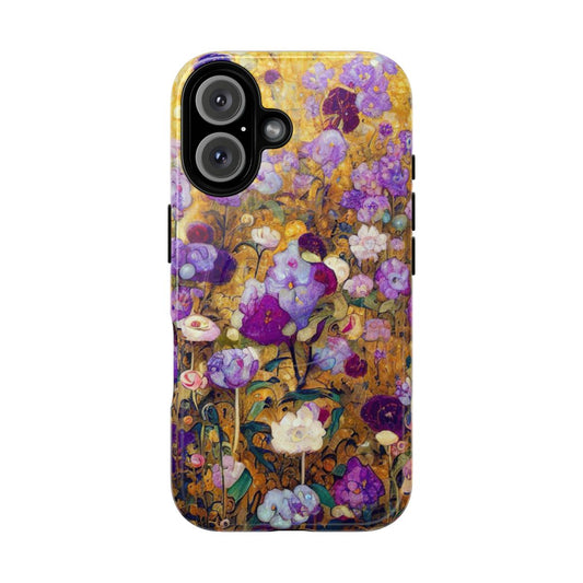 Vibrant purple and gold floral phone case inspired by the artwork of Gustav Klimt