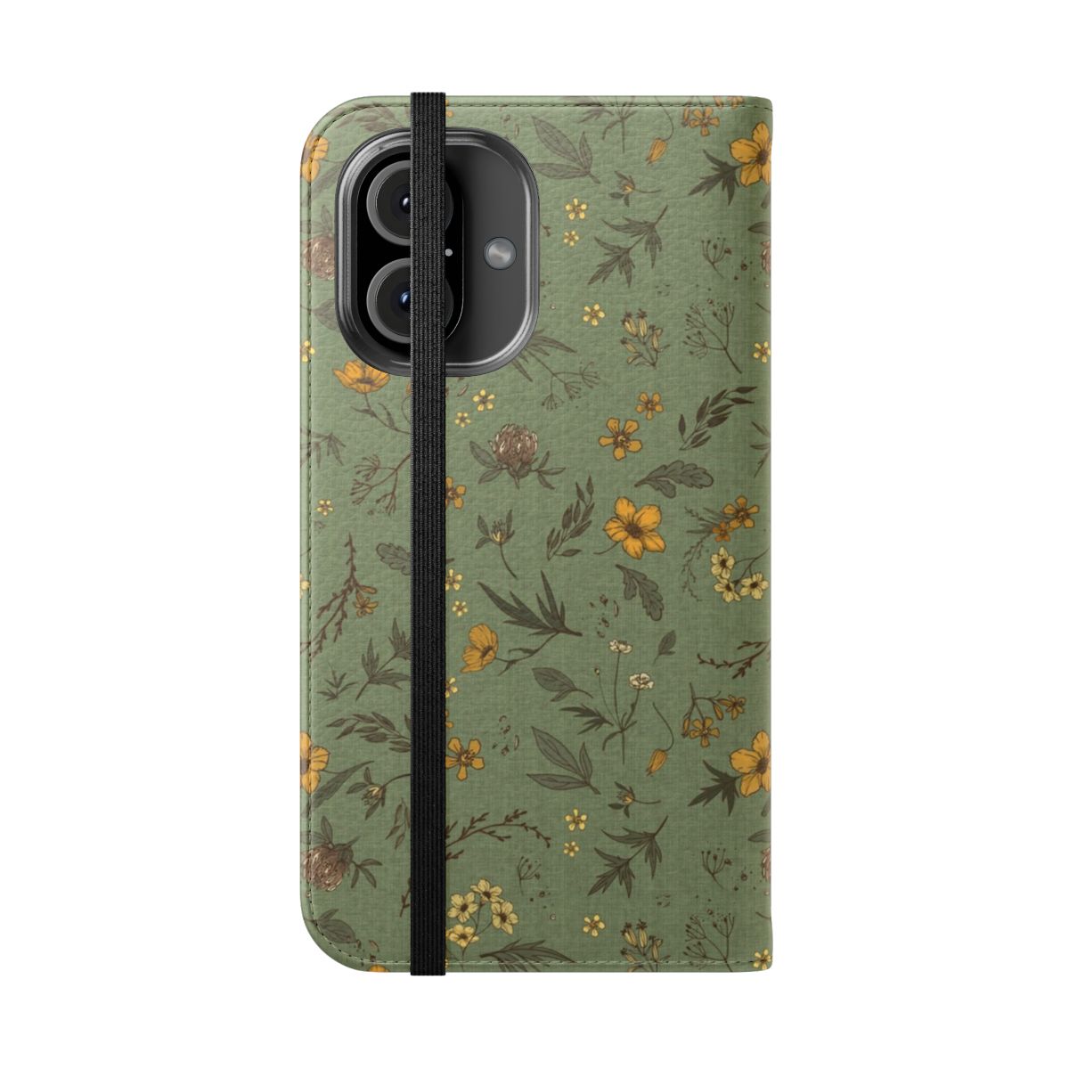 A green floral and botanical-inspired phone case with nature elements like leaves, flowers, and grass. - Folded Front