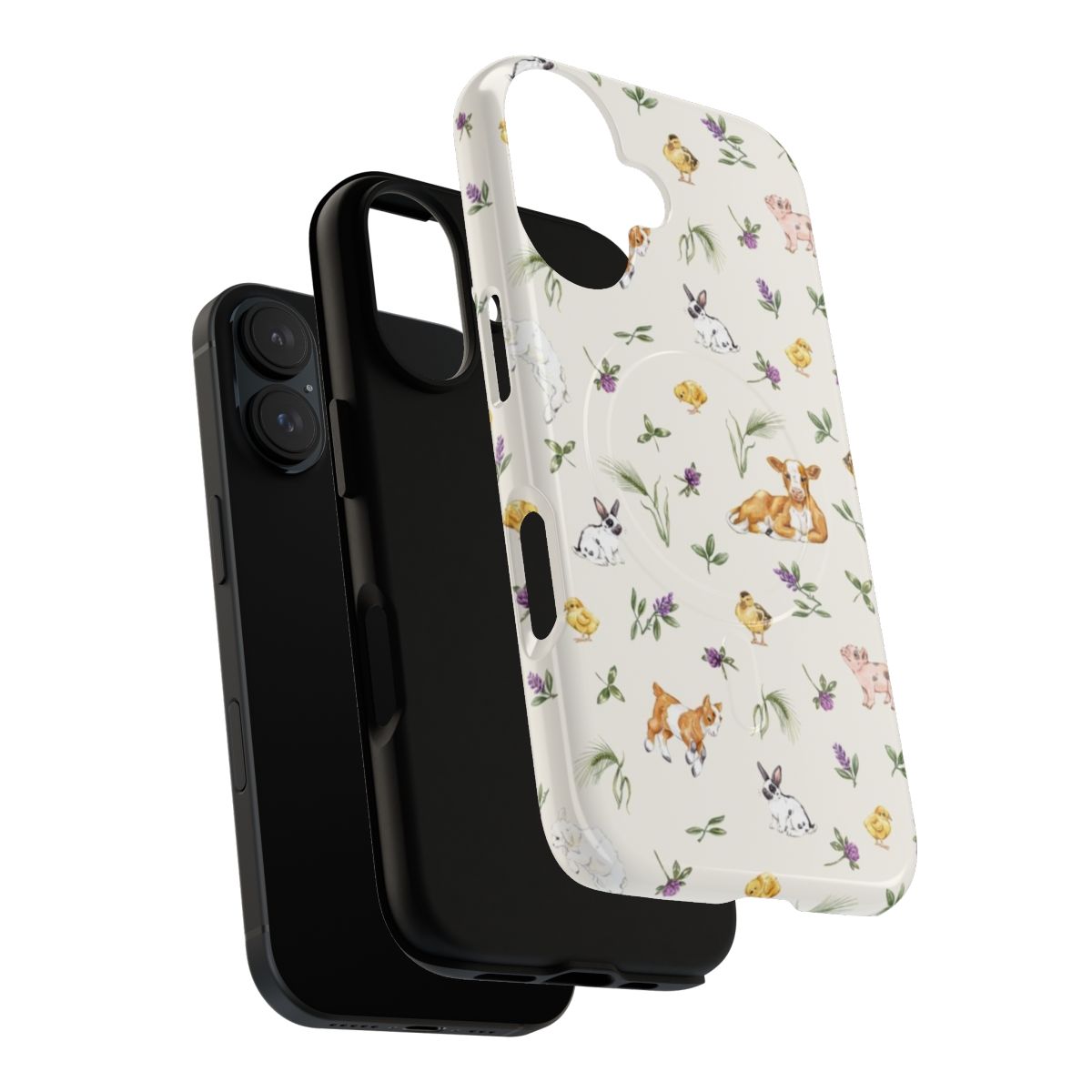 Magnetic phone case with colorful watercolor farm animal pattern including cow, rabbit, chick, duckling, sheep, and goat. - Layers