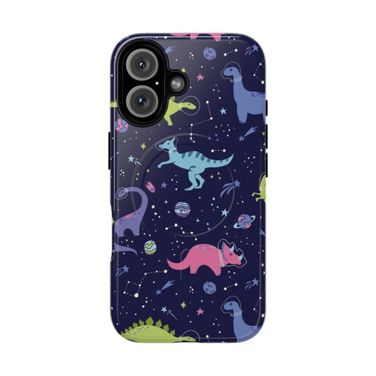 A vibrant phone case featuring space-themed dinosaurs against a starry night sky.