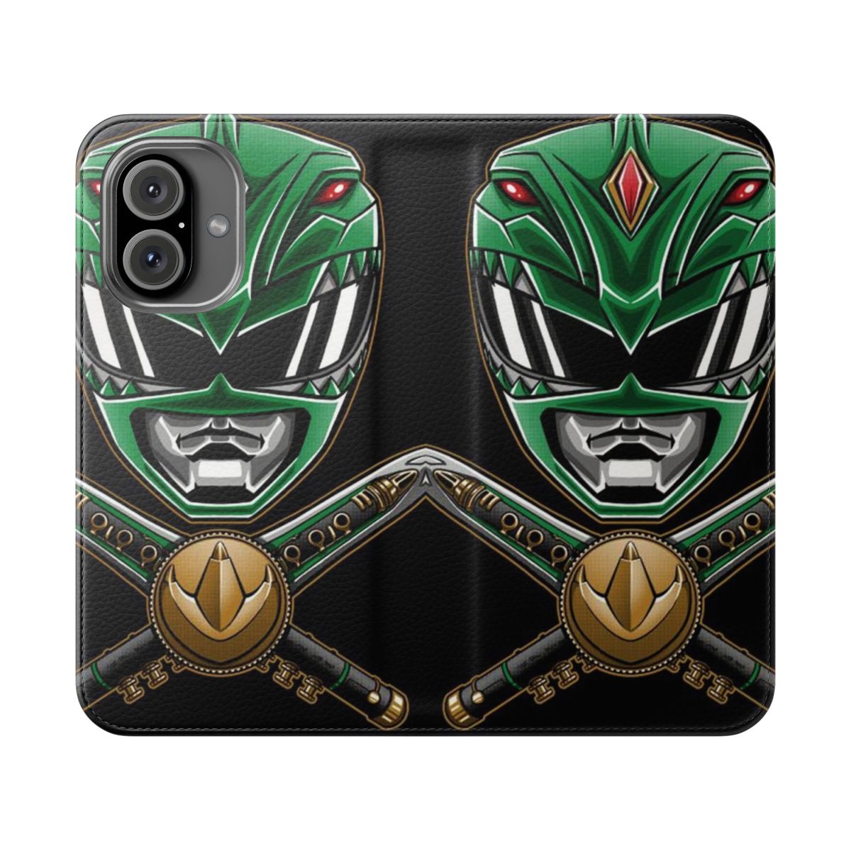 Retro-style flip cover phone case with green ranger inspired design