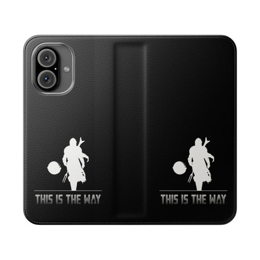 Detailed image of a mandalorian-themed flip cover phone case with the phrase "this is the way"