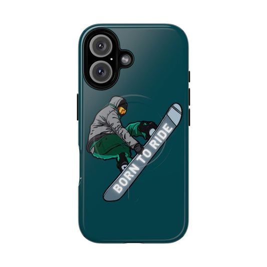 Rugged magnetic phone case with snowboarding and skiing graphics