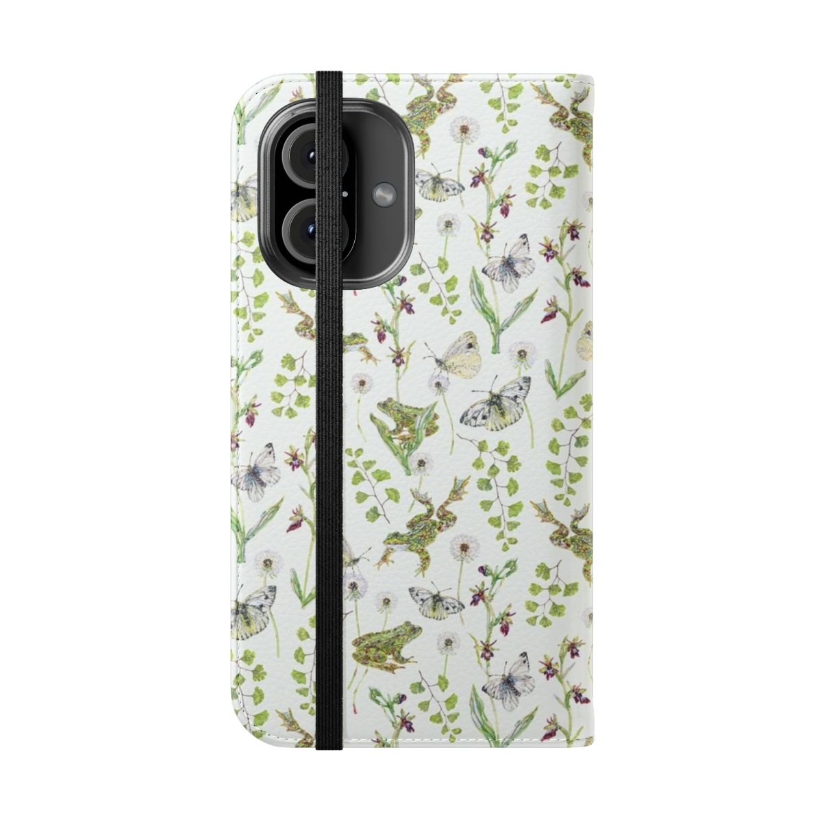 Green lightweight flip cover phone case featuring a watercolor illustration of frogs and orchids in a spring nature scene. - Folded Front