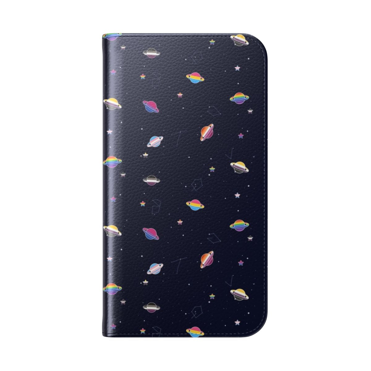 LGBTQ pride-themed phone case with a cosmic pattern of planets, stars, and the night sky. - Folded Back