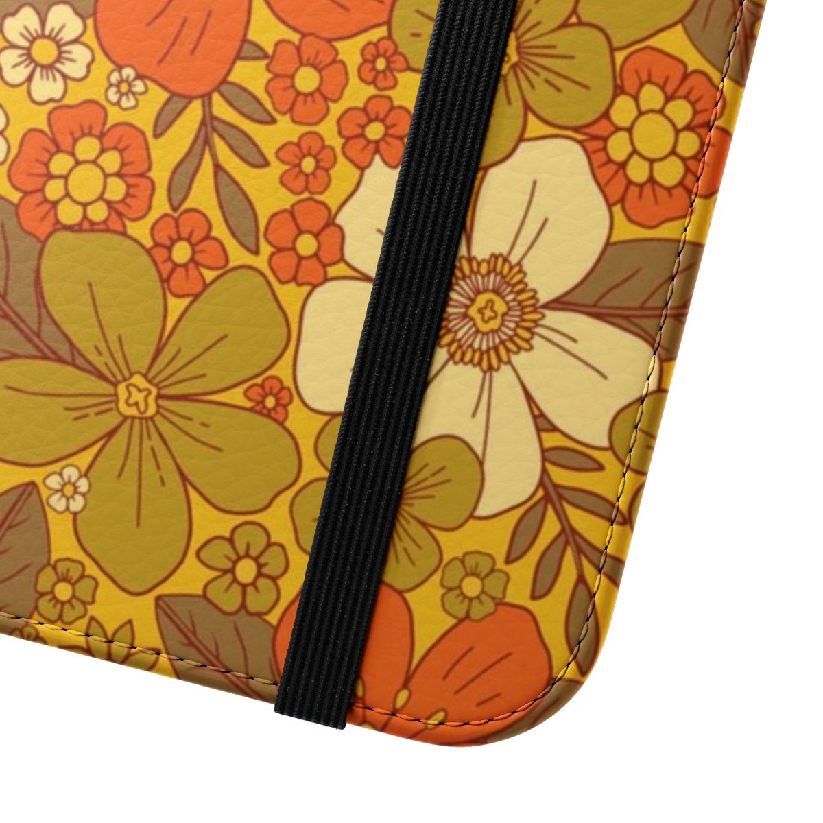 Vintage-inspired orange and olive green floral design phone case - Close Up