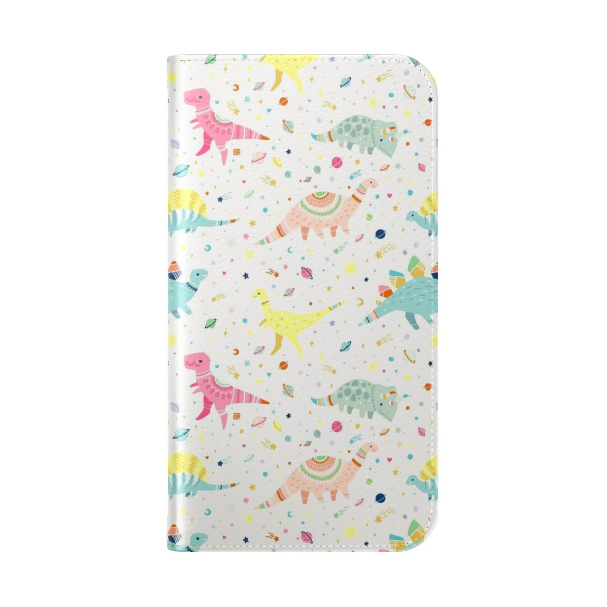 Dinosaur-themed flip phone case featuring a vibrant, pastel-colored pattern - Folded Back