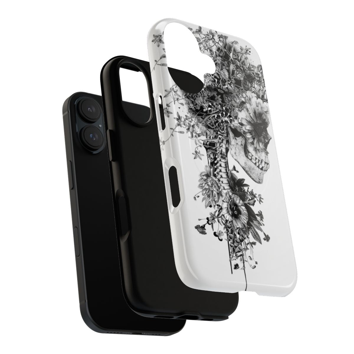 Magnetic phone case with a black and white skull and floral design - Layers