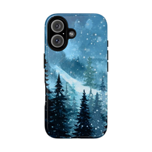 Watercolor winter landscape phone case with snow, mountains, and pine trees