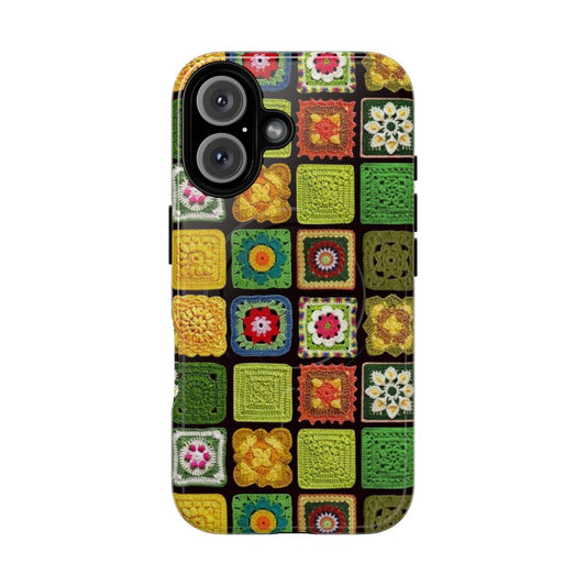 Colorful crochet pattern on a black magnetic phone case