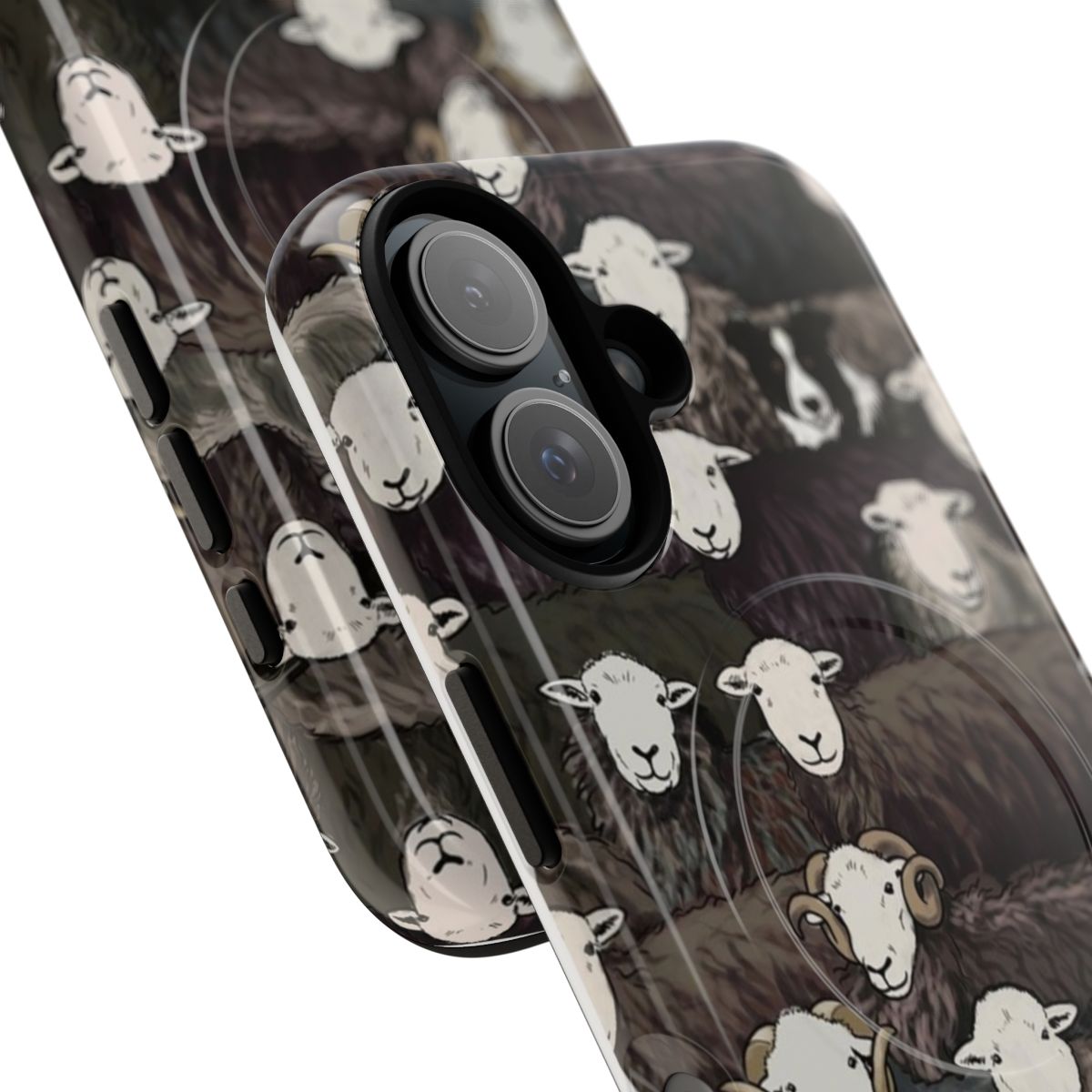 Tough phone case featuring a repeating pattern of herdwick sheep, sheepdogs, and the Lake District landscape - Detail