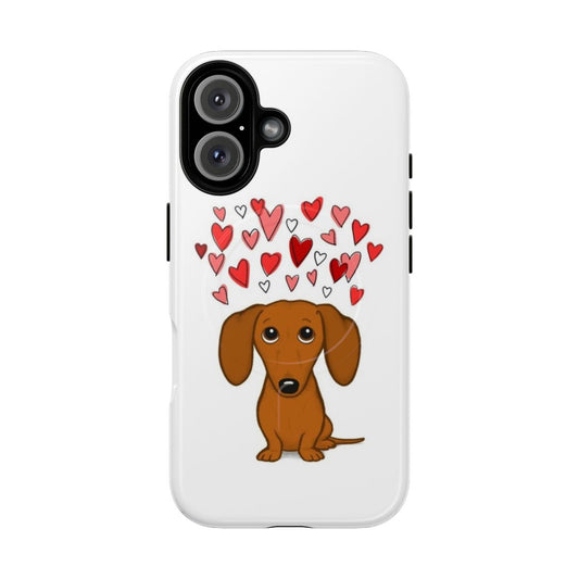 Magnetic tough phone case featuring a cute dachshund dog with hearts design