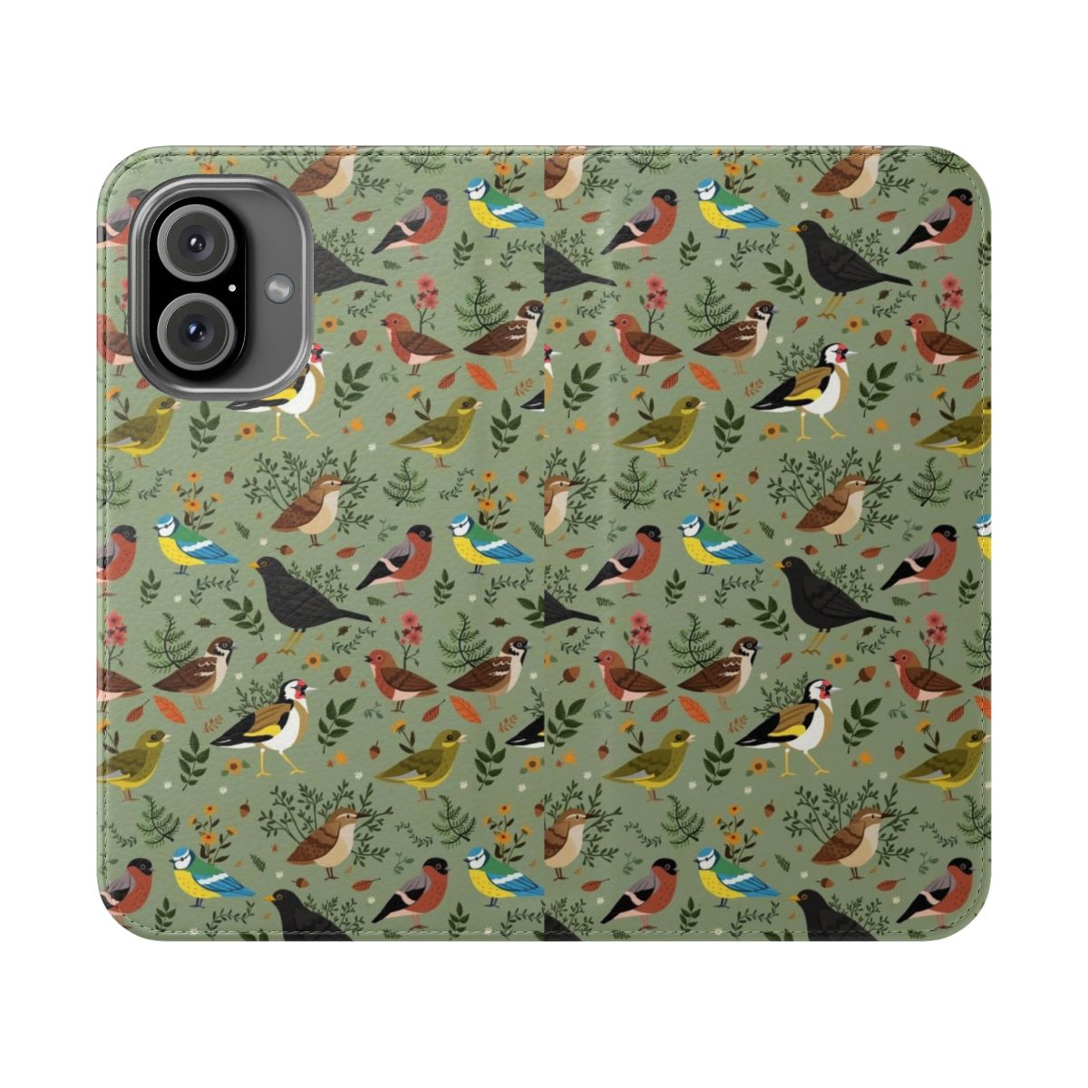 Close-up of a colorful bird pattern on a phone case cover