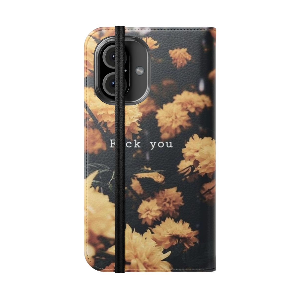 A dark and moody floral themed flip phone case with a Japanese-inspired landscape design. - Folded Front