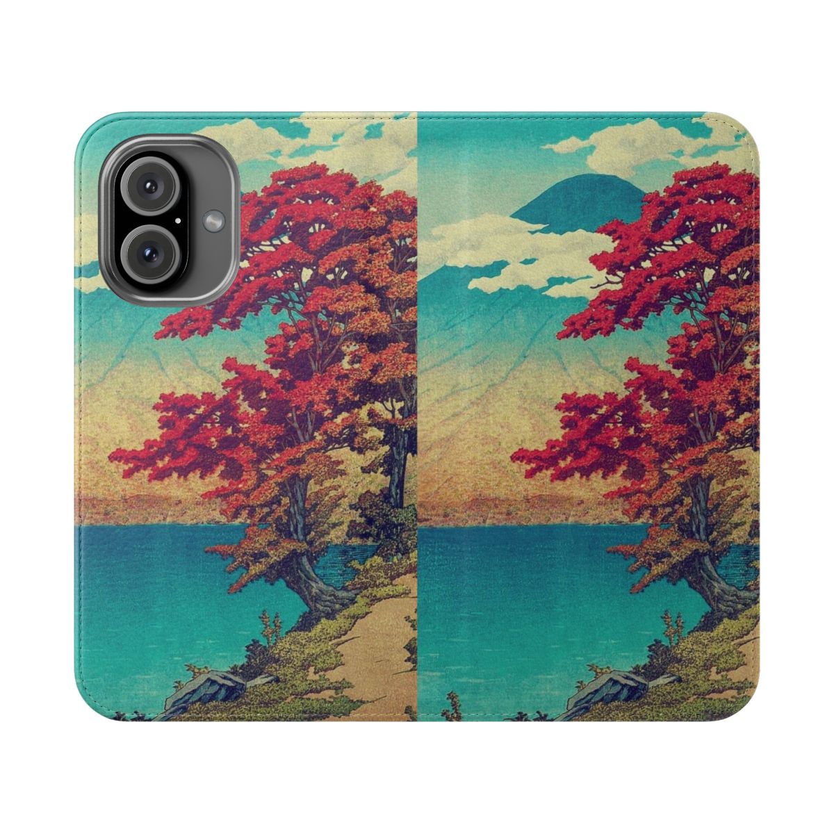 Artistic Japanese landscape phone case cover with a vintage ukiyo-e style mountain and lake scene.