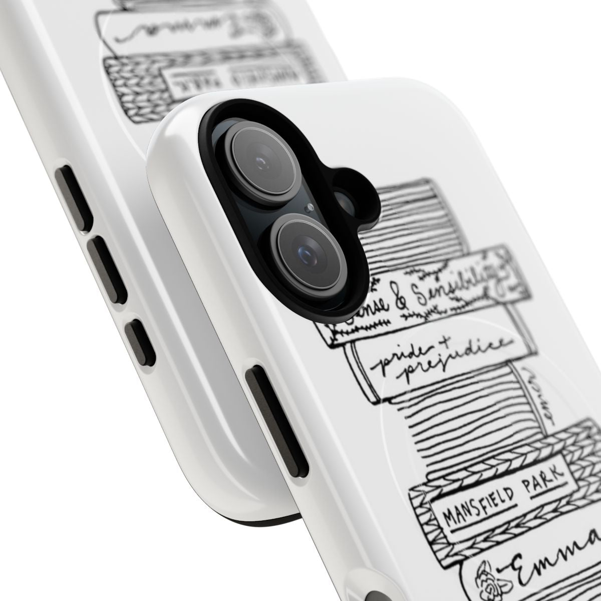 Artistic black and white sketch-style phone case featuring characters and designs from the collected works of Jane Austen. - Detail