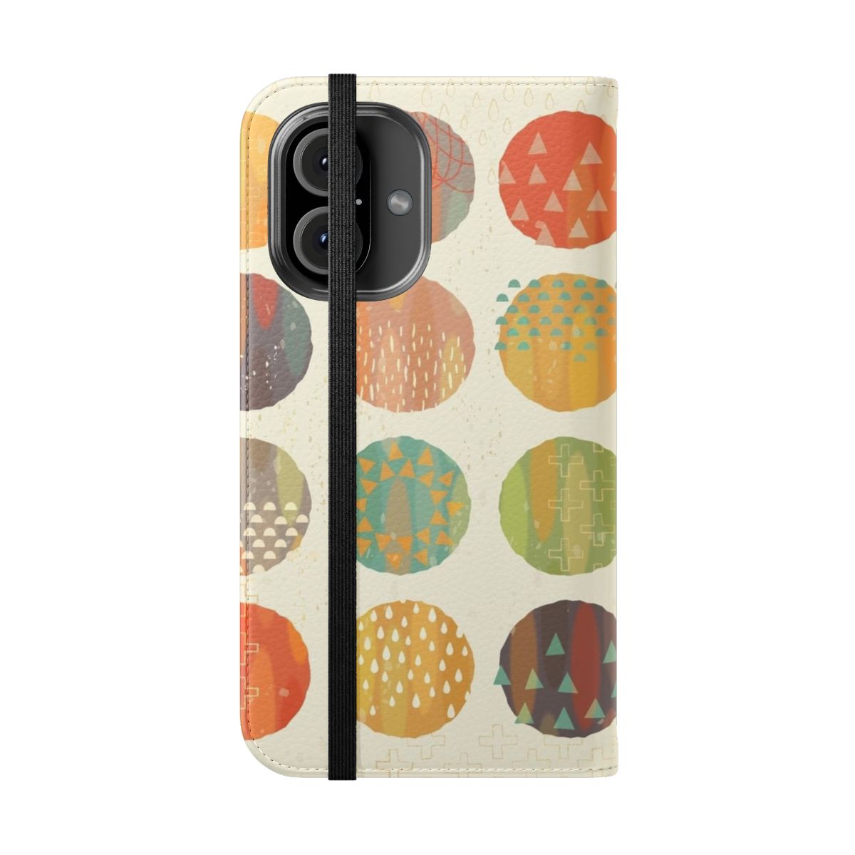 Vibrant and abstract phone case featuring a geometric pattern of celestial bodies and planets. - Folded Front