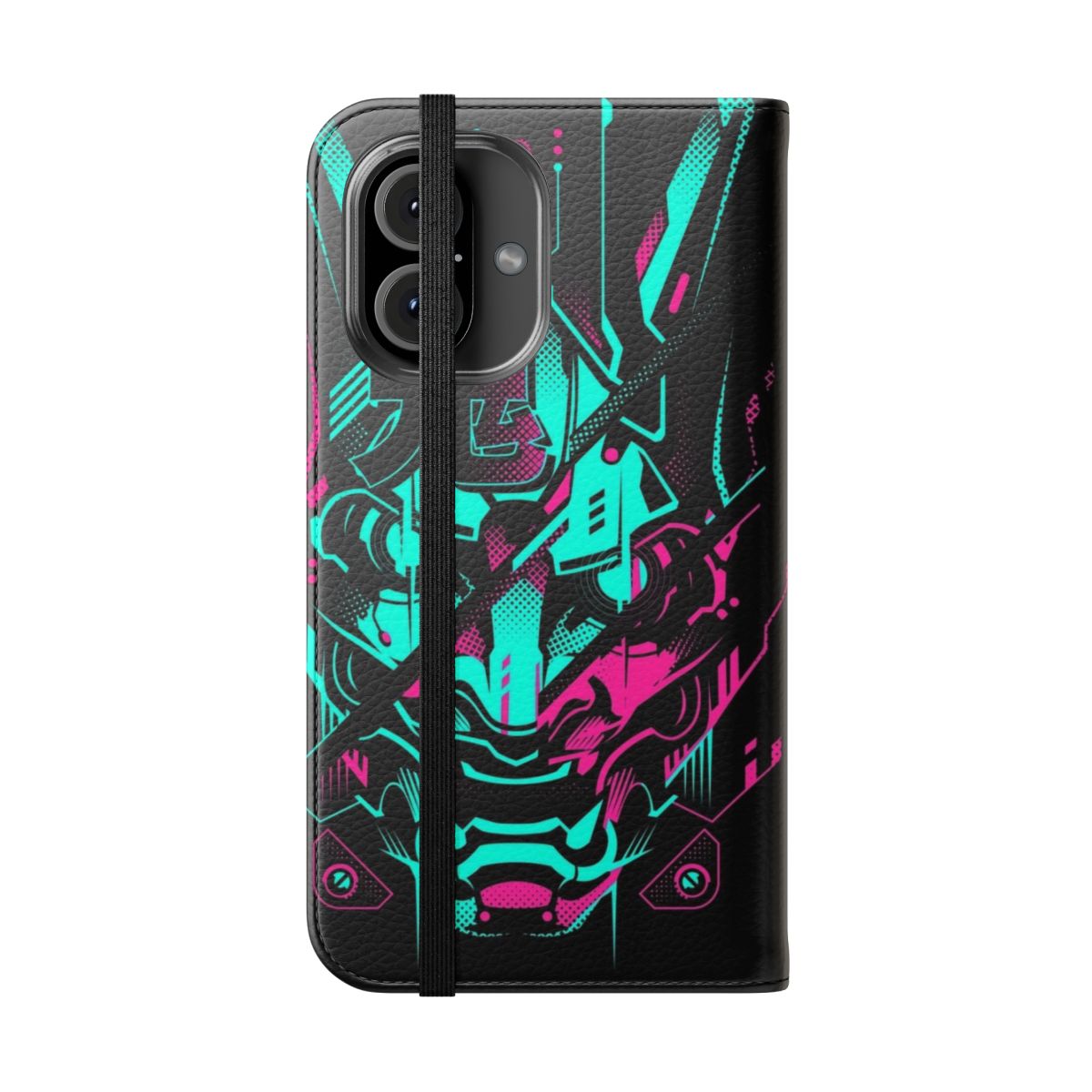 Cyberpunk-inspired phone case cover with neon glitch and oni demon design - Folded Front