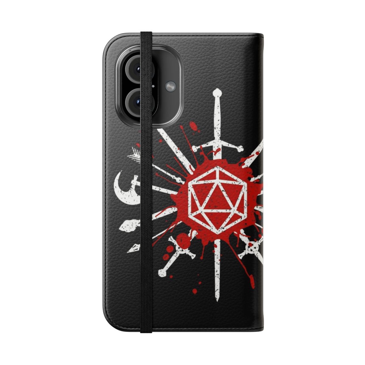 Fantasy-inspired flip phone case with dice, swords, and dragon design - Folded Front