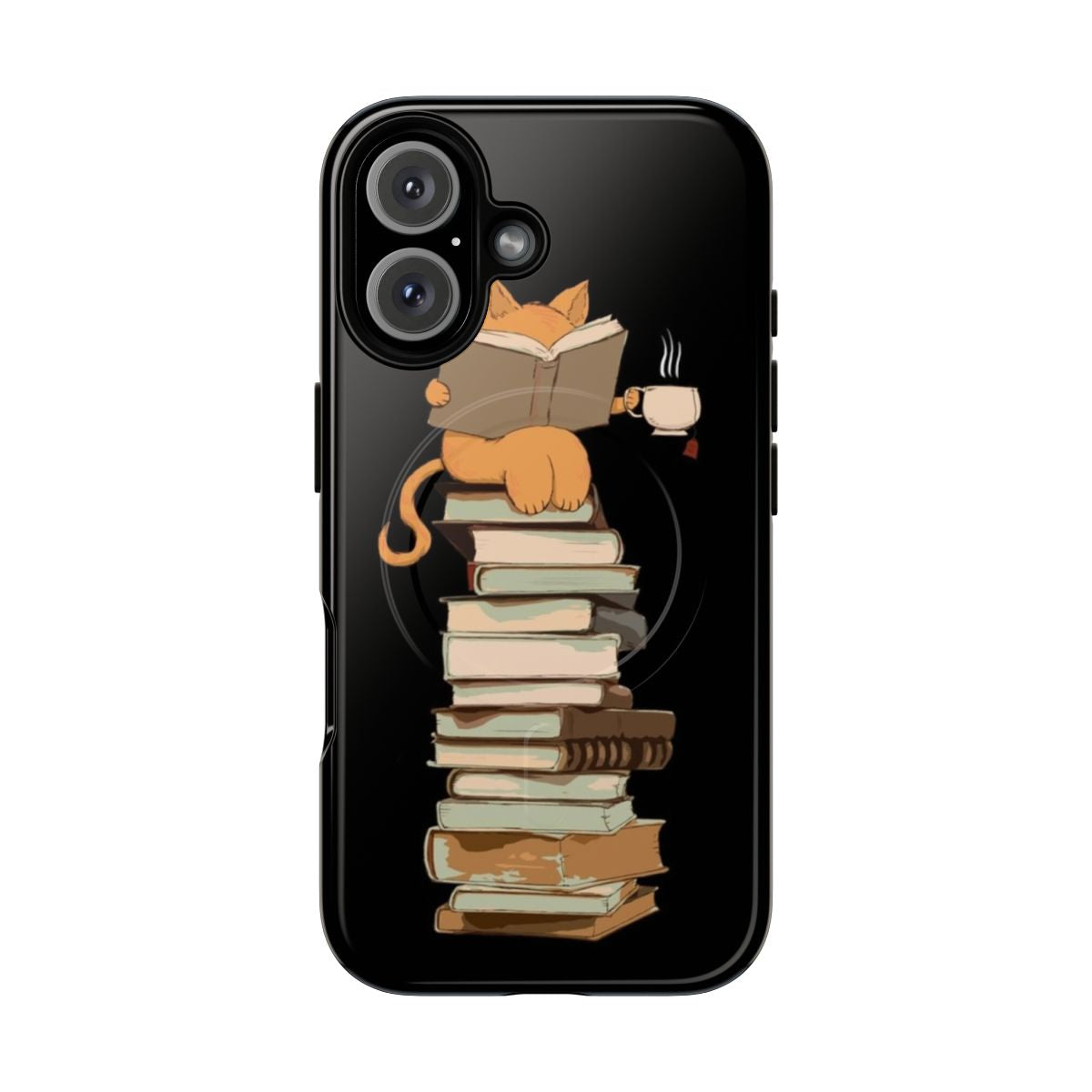 Magnetic phone case featuring illustrations of kittens, cats, tea, and books.