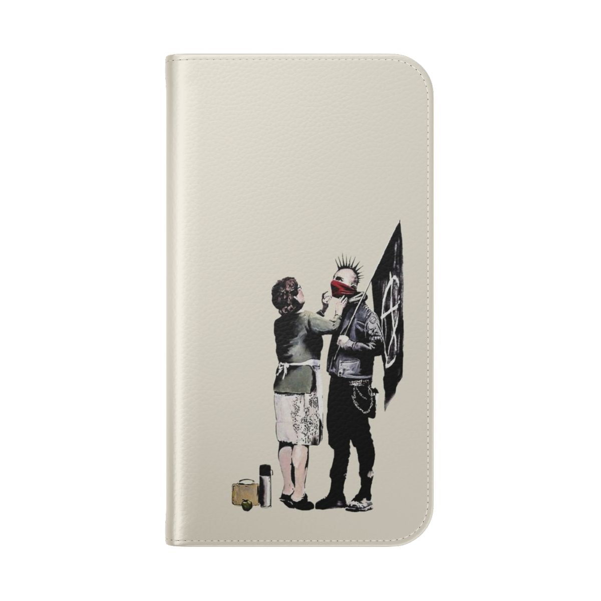 Beige and white phone case with Banksy-inspired graffiti design featuring a punk figure holding an anarchist flag. - Folded Back